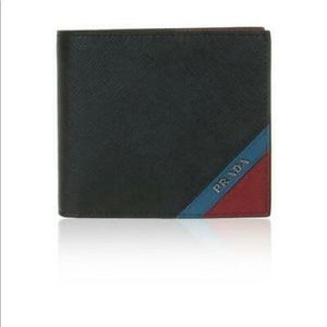 PRADA SAFFIANO Black Blue Calf Leather Wallet Mens
